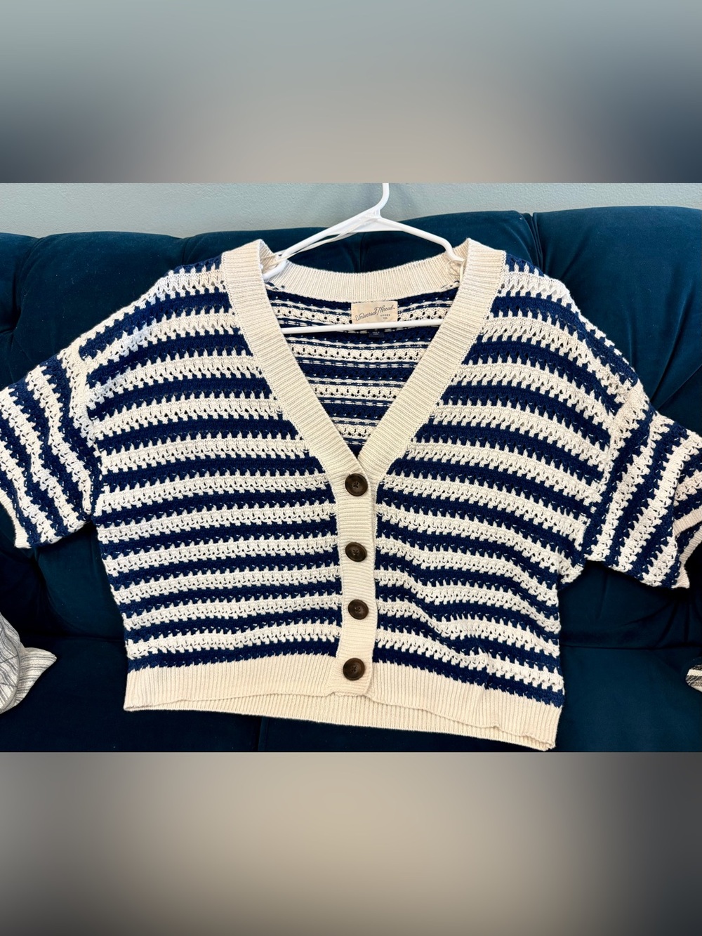 Universal Thread Striped Navy and Cream Crochet Button-Front Sweater sz med